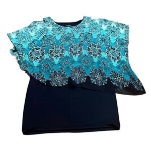 Enfocus Women Navy And Teal Floral Overlay‎ Cold Shoulder Dress, Size 14W